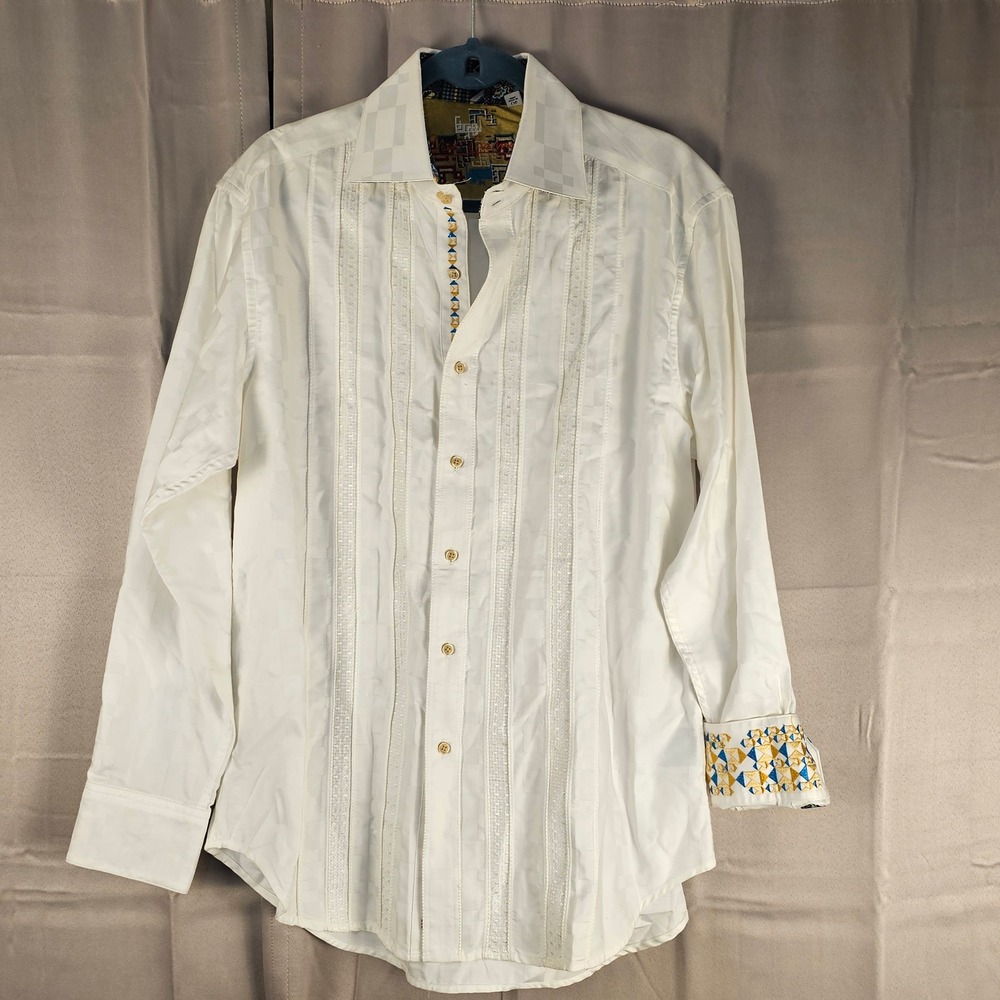 Robert Graham White Embroidered Checkered Long Button Down Flip Cuff Shirt Large